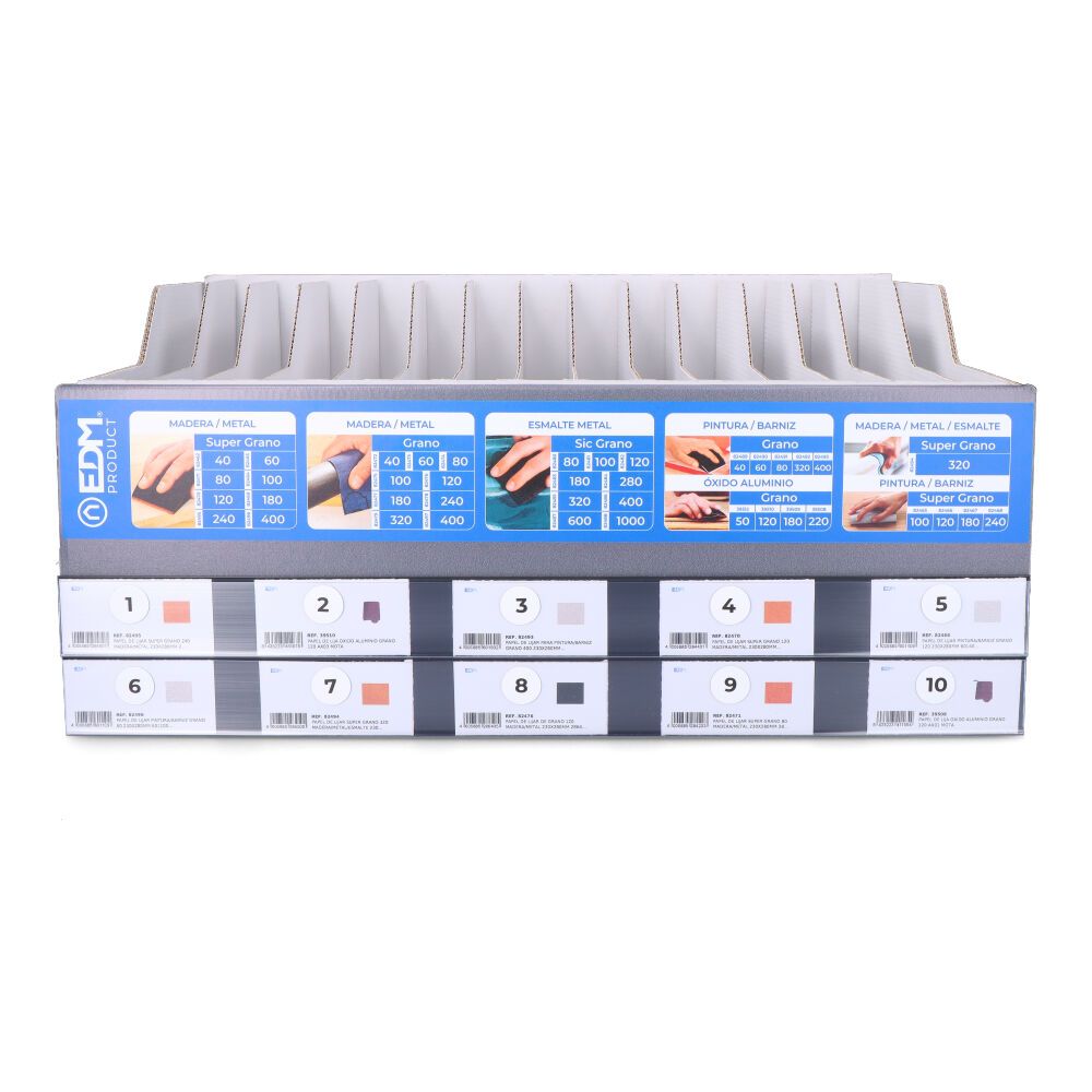 Expositor de carton para papel de lija 49x22x37cm edm