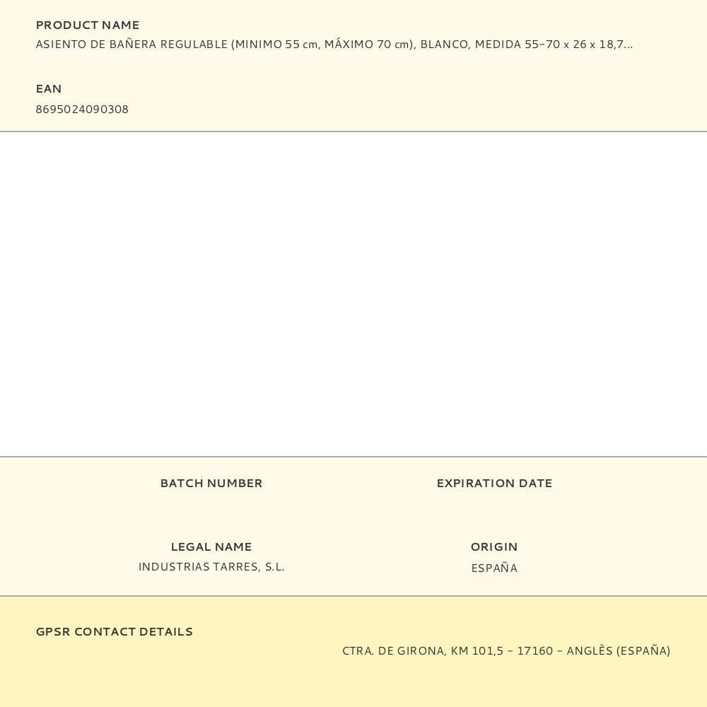 Asiento de bañera regulable (minimo 55 cm, máximo 70 cm), blanco, medida 55-70 x 26 x 18,7 cm