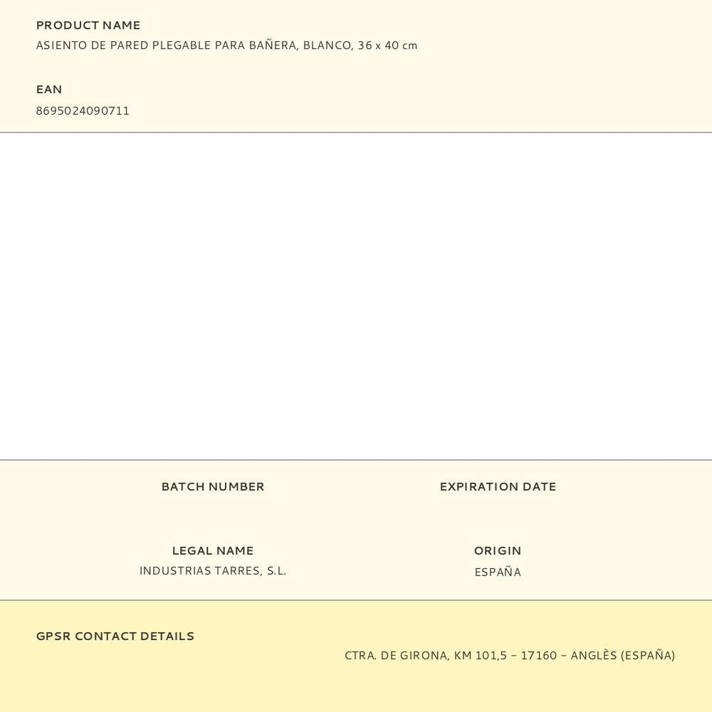 Asiento de pared plegable para bañera, blanco, 36 x 40 cm