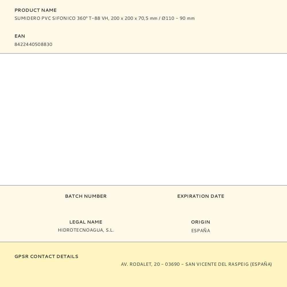 Sumidero pvc sifonico 360º t-88 vh, 200 x 200 x 70,5 mm / ø110 - 90 mm
