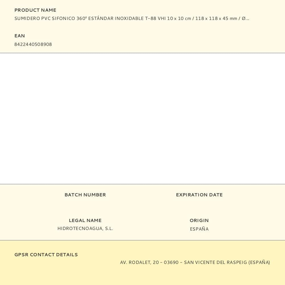 Sumidero pvc sifonico 360º estándar inoxidable t-88 vhi 10 x 10 cm / 118 x 118 x 45 mm / ø40 mm