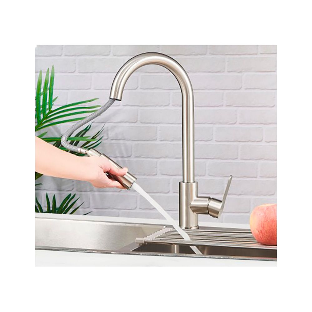 Grifo monomando de cocina caño alto extraíble plateado mate serie miño