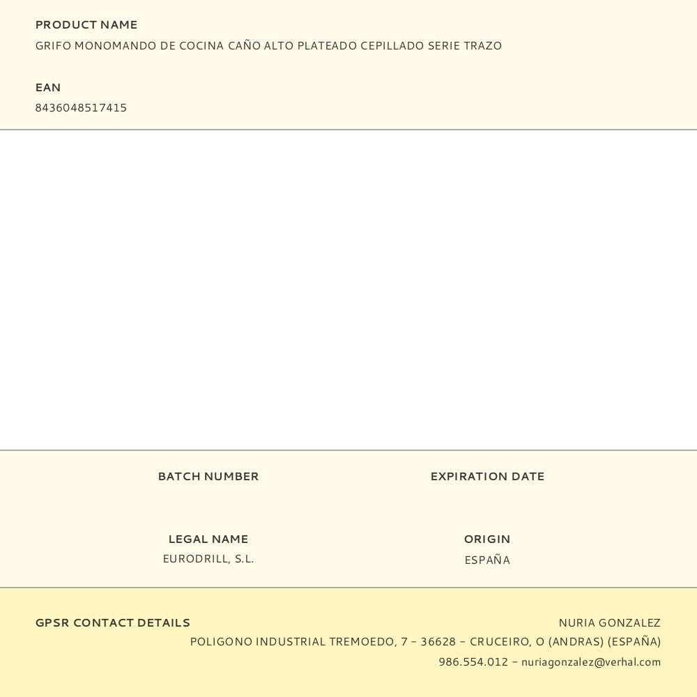 Grifo monomando de cocina caño alto plateado cepillado serie trazo