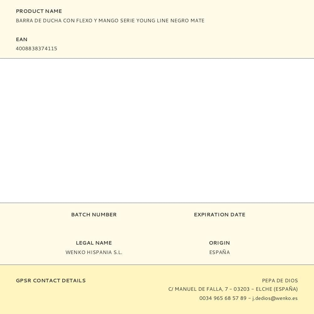 Barra de ducha con flexo y mango serie young line negro mate