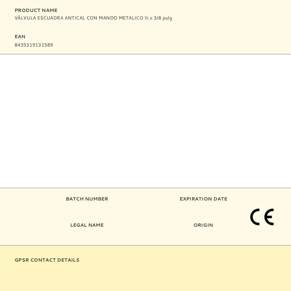 Válvula escuadra antical con mando metálico ø½ x 3/8 pulg