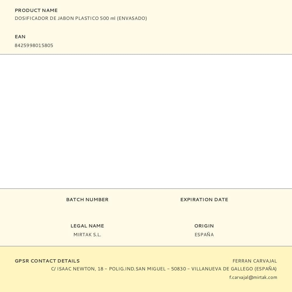 Dosificador de jabon plastico 500 ml (envasado)