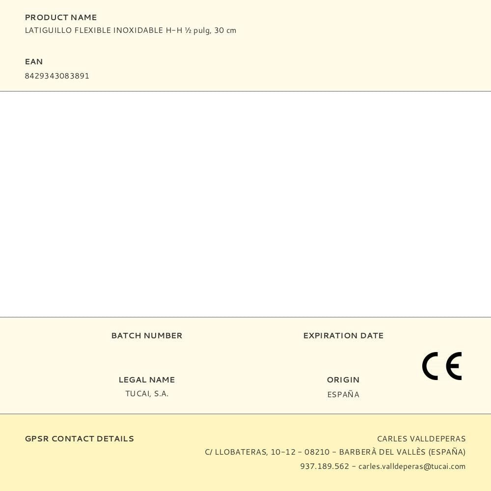 Latiguillo flexible inoxidable h-h ½ pulg, 30 cm