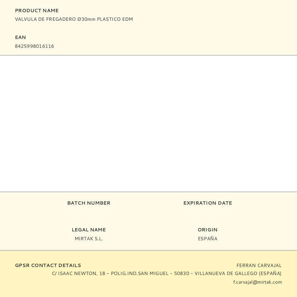 Valvula de fregadero ø30mm plastico edm