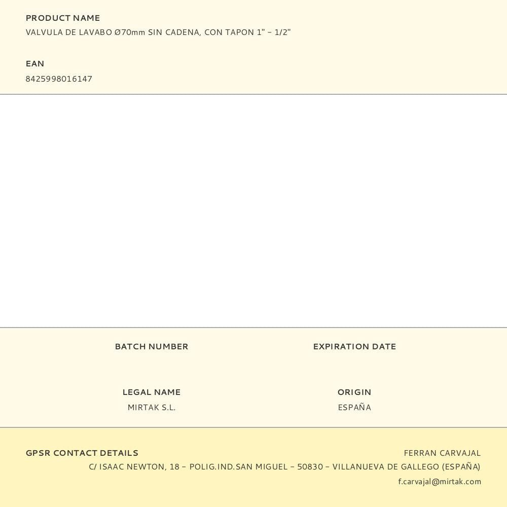 Valvula de lavabo ø70mm sin cadena, con tapon 1" - 1/2"