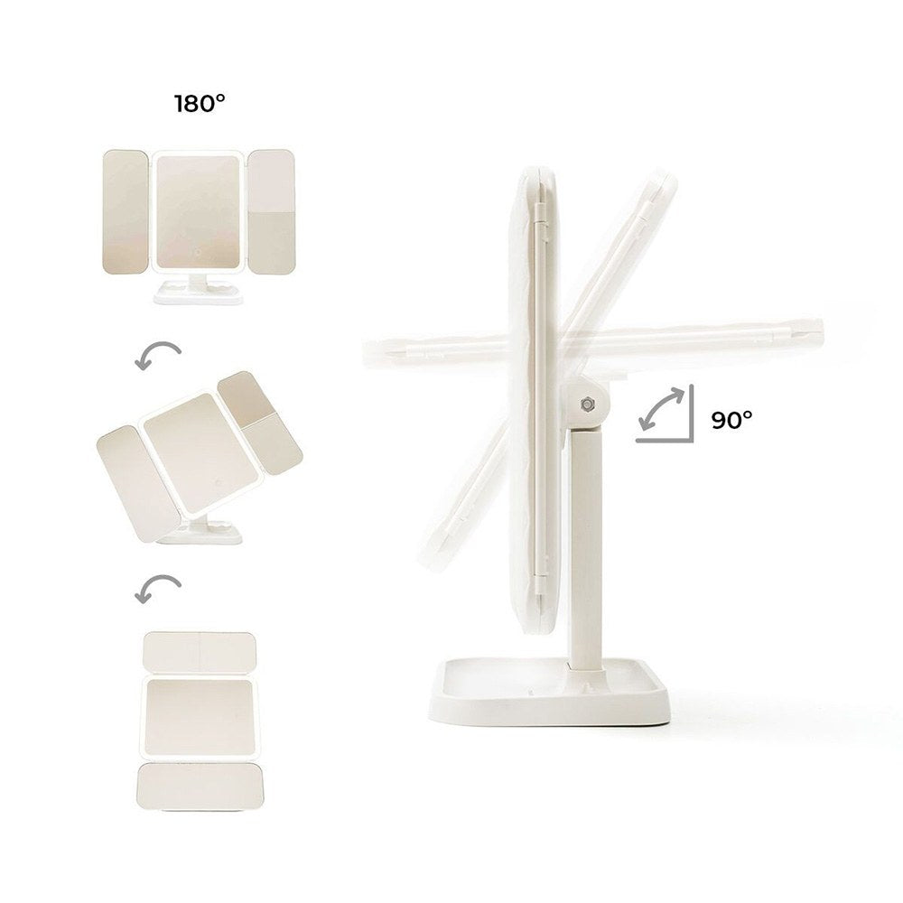 Espejo tríptico plegable de sobremesa con aumento y luz led recargable