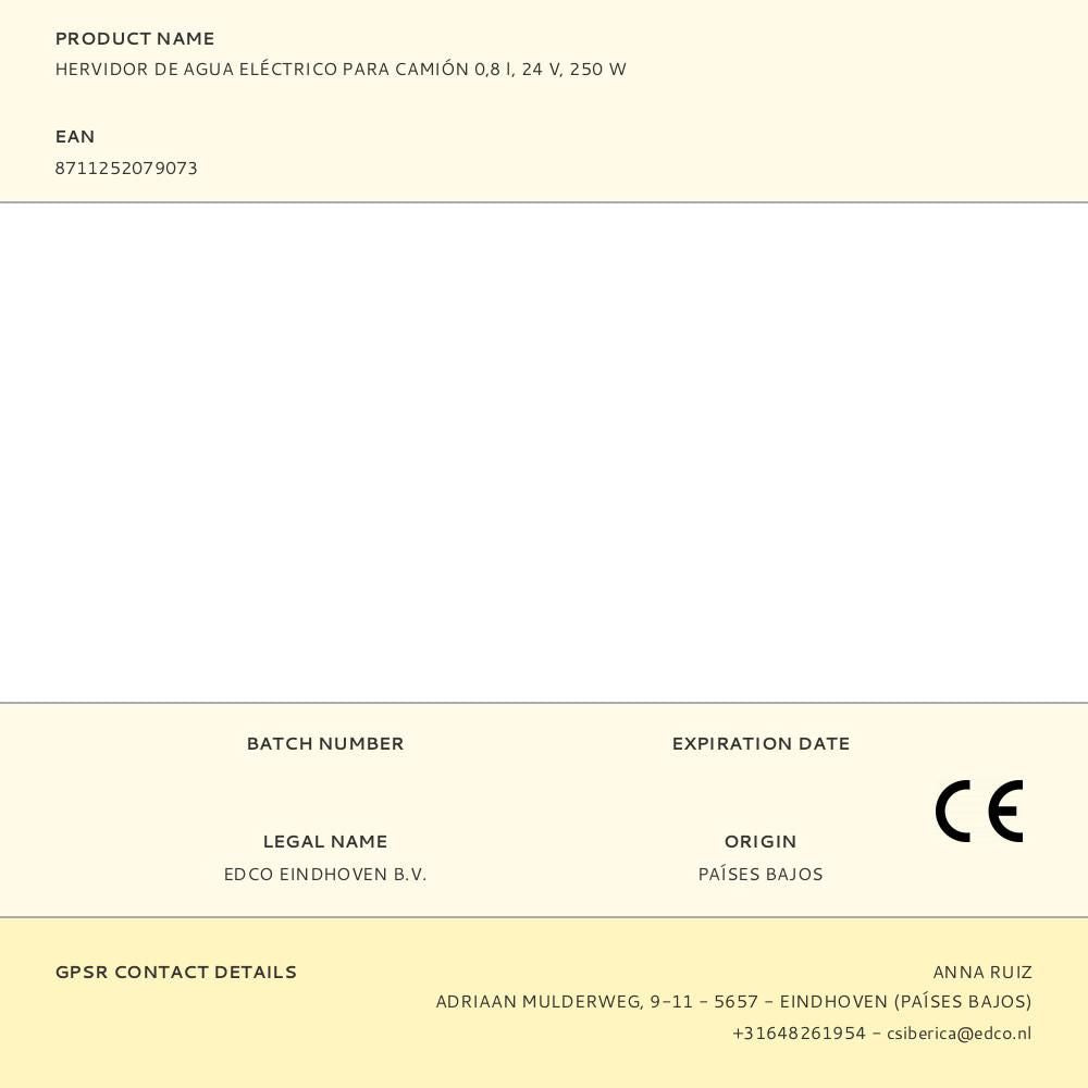 Hervidor de agua eléctrico para camión 0,8 l, 24 v, 250 w