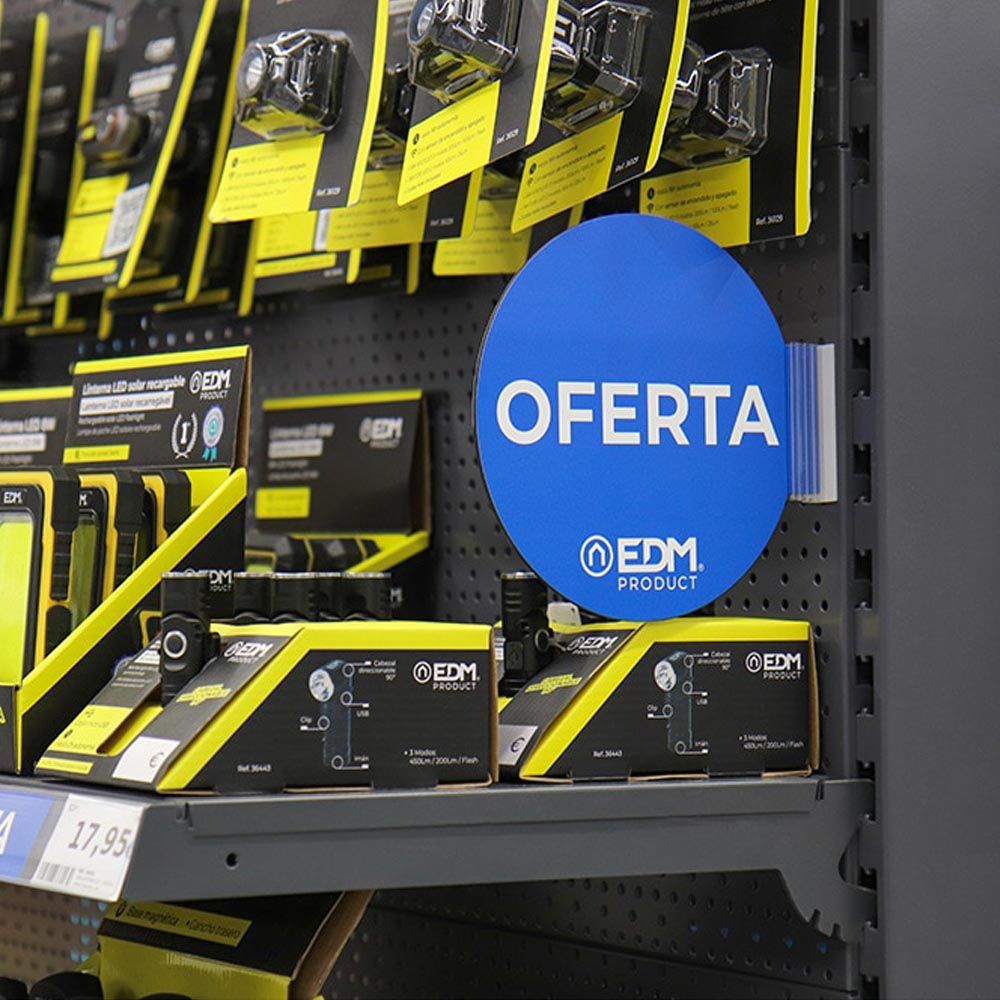 Display promoción módulo castellano "oferta" edm ø 20cm. contiene soporte adhesivo 02942.