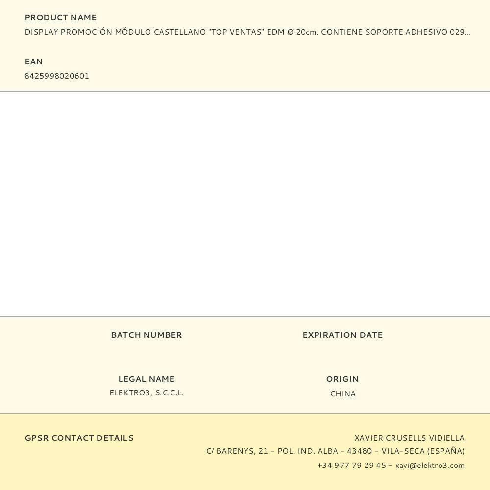 Display promoción módulo castellano "top ventas" edm ø 20cm. contiene soporte adhesivo 02942.