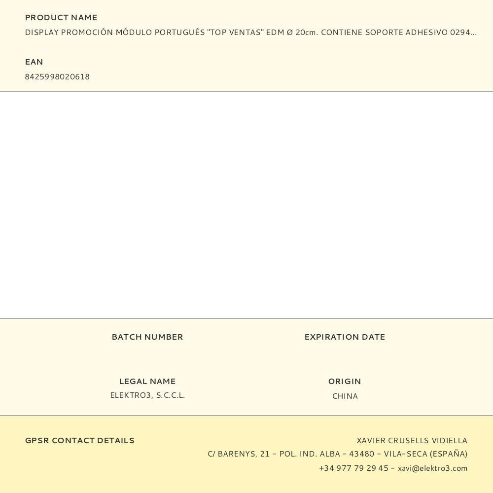 Display promoción módulo portugués "top ventas" edm ø 20cm. contiene soporte adhesivo 02942.