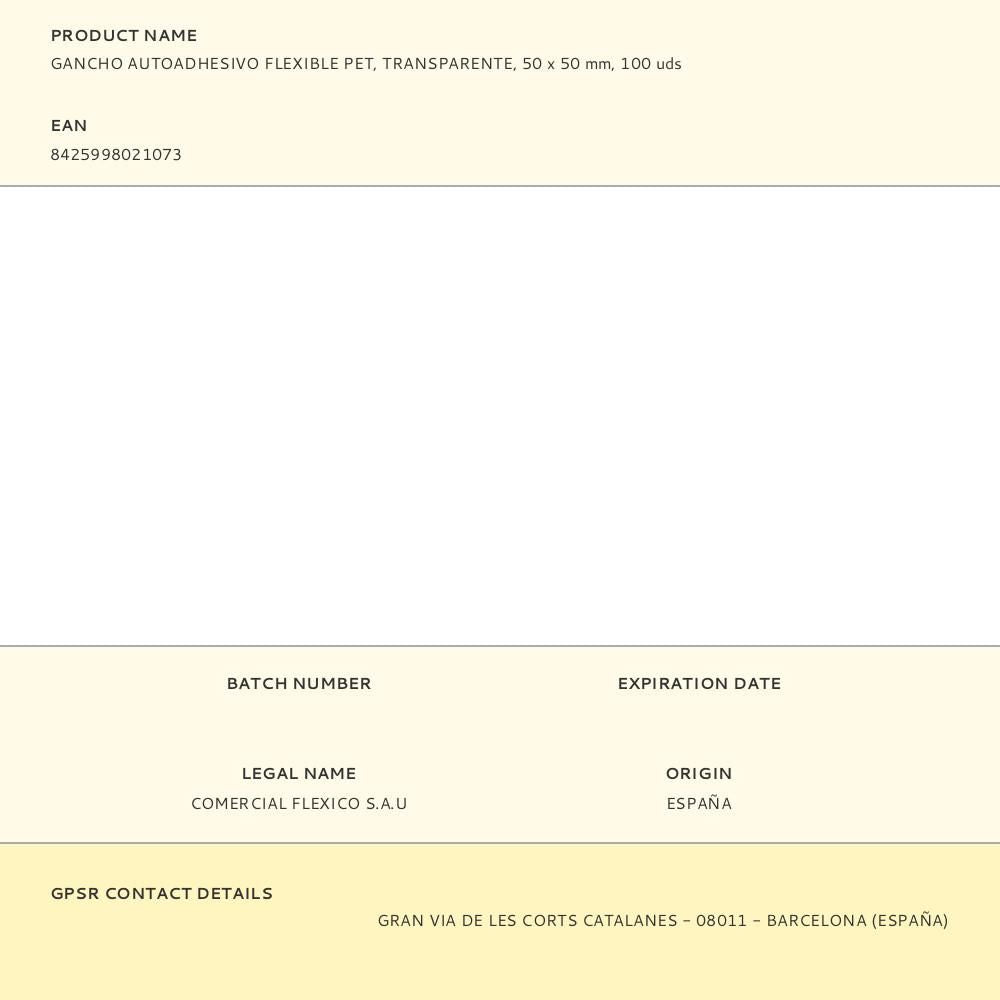 Gancho autoadhesivo flexible pet, transparente, 50 x 50 mm, 100 uds