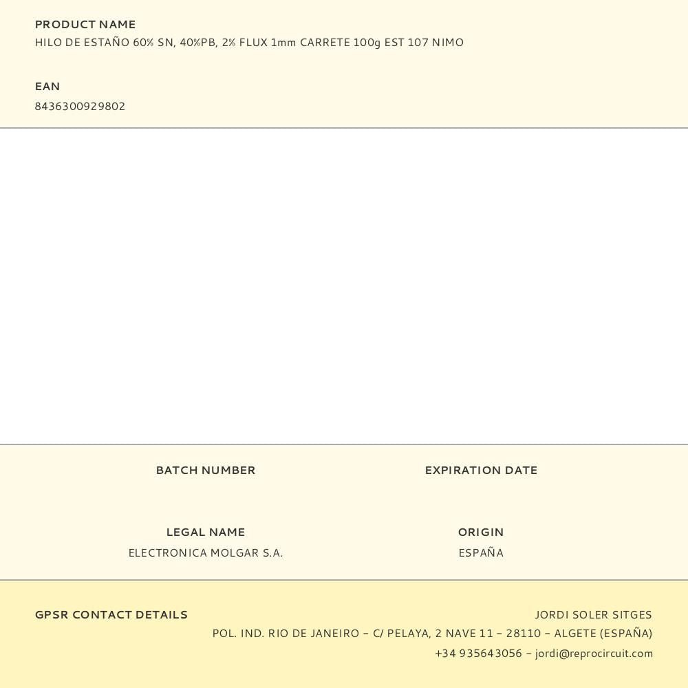 Hilo de estaño 60% sn, 40%pb, 2% flux 1mm carrete 100g est 107 nimo