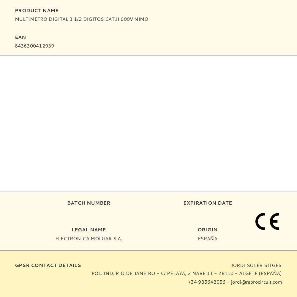 Multimetro digital 3 1/2 pulg digitos cat.ii 600v