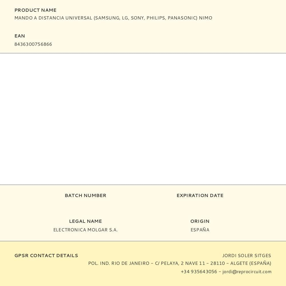 Mando a distancia universal (samsung, lg, sony, philips, panasonic) nimo