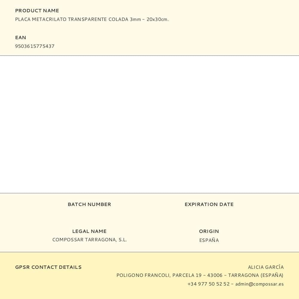 Placa metacrilato transparente colada 3mm - 20x30cm.