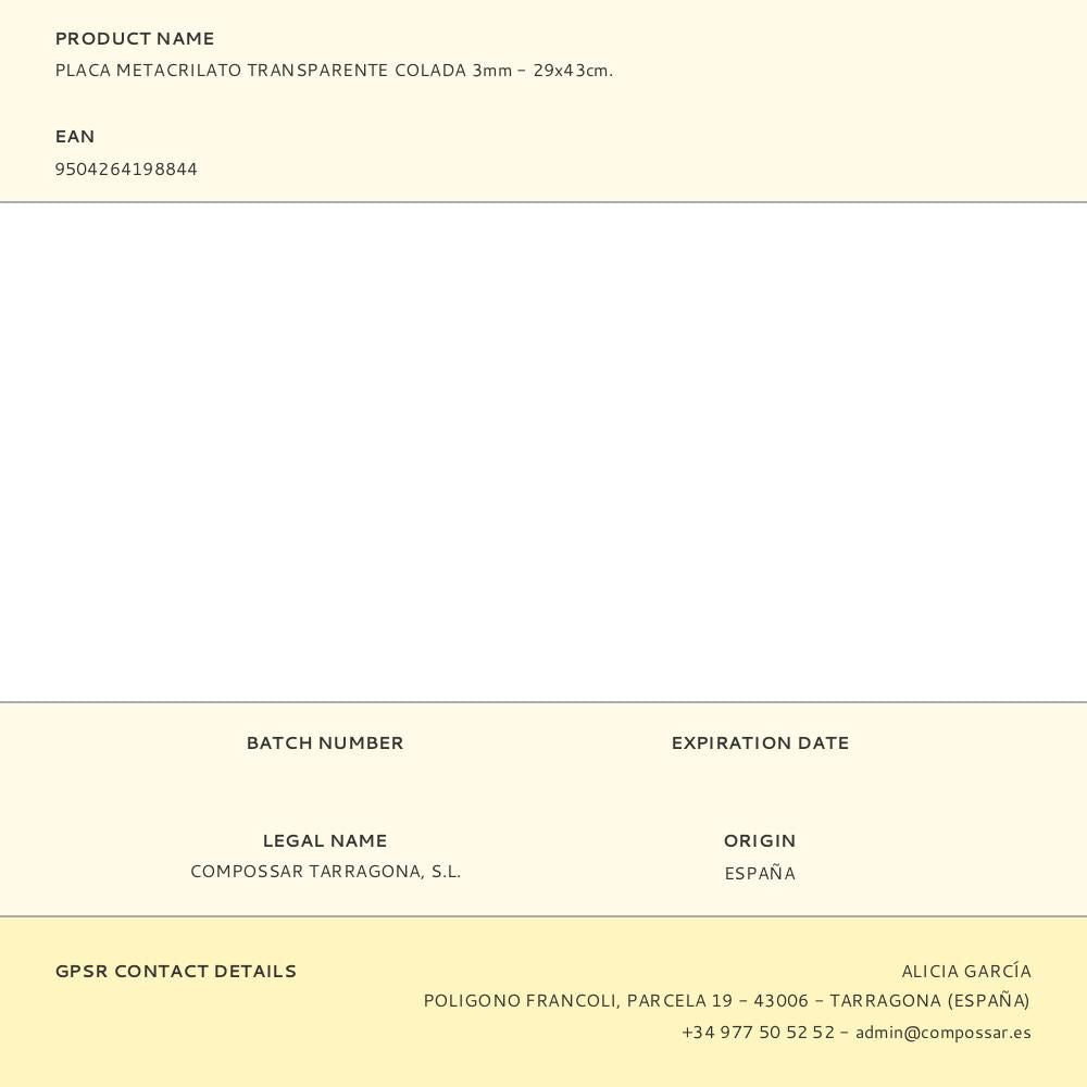 Placa metacrilato transparente colada 3mm - 29x43cm.