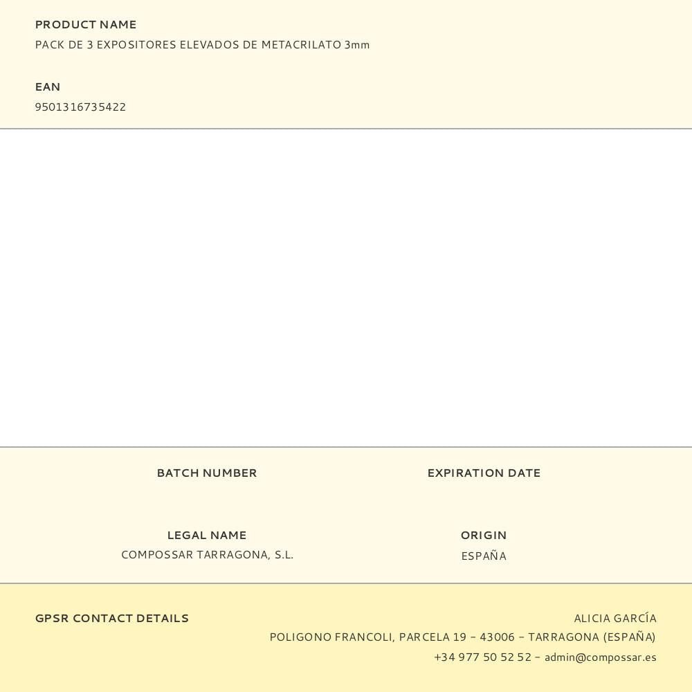 Pack de 3 expositores elevados de metacrilato 3mm