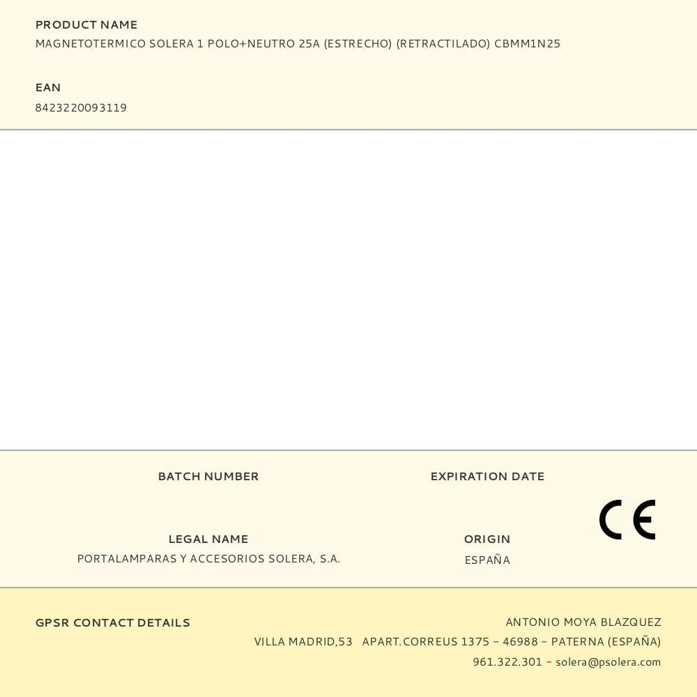 Magnetotermico solera 1 polo+neutro 25a (estrecho) (retractilado) cbmm1n25