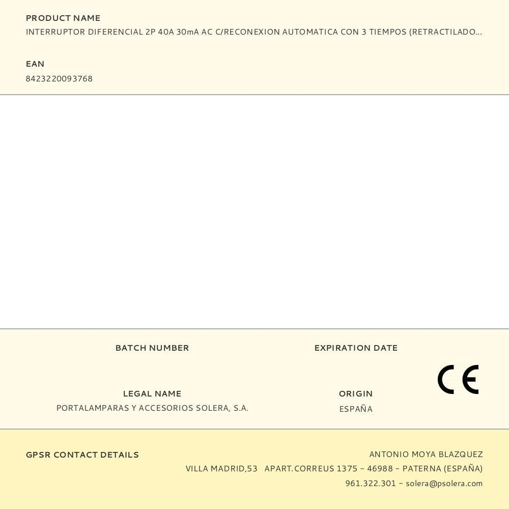 Interruptor diferencial 2p 40a 30ma ac c/reconexion automatica con 3 tiempos (retractilado) solera cbra2p4030a