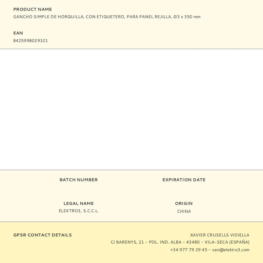 Gancho simple de horquilla, con etiquetero, para panel rejilla, ø3 x 350 mm