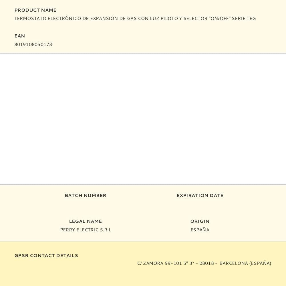 Termostato electrónico de expansión de gas con luz piloto y selector "on/off" serie teg