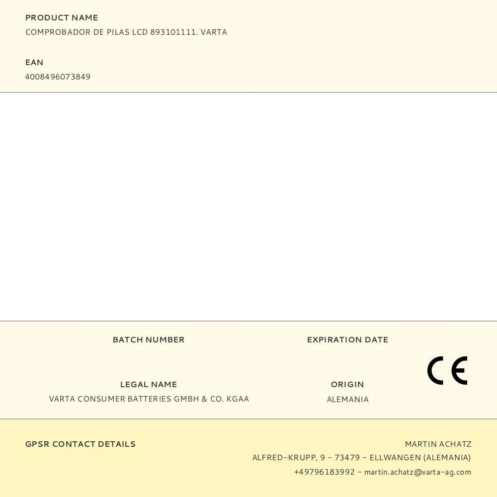 Comprobador de pilas lcd 893101111. varta