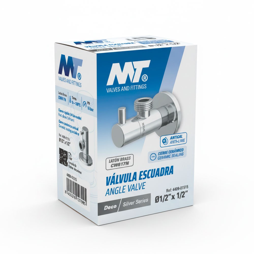 Válvula escuadra modelo deco con mando redondo, silver, ½ x ½ pulg