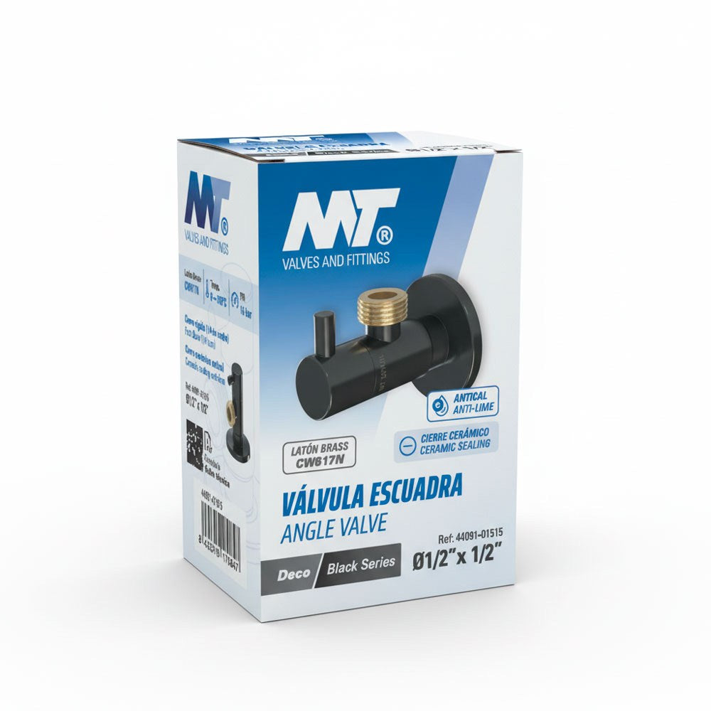 Válvula escuadra modelo deco con mando redondo, negro, ½ x 3/8 pulg