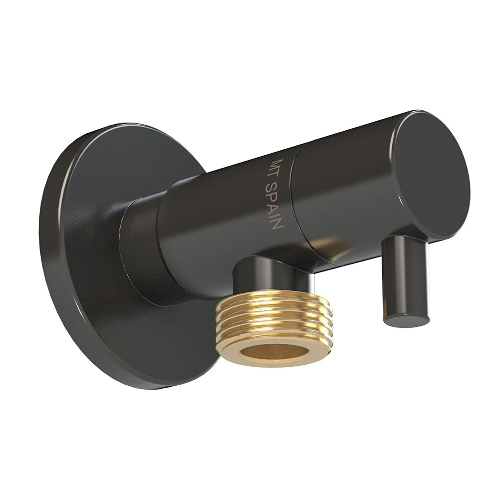 Válvula escuadra modelo deco con mando redondo, negro, ½ x ½ pulg