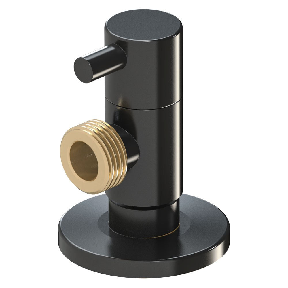 Válvula escuadra modelo deco con mando redondo, negro, ½ x ½ pulg