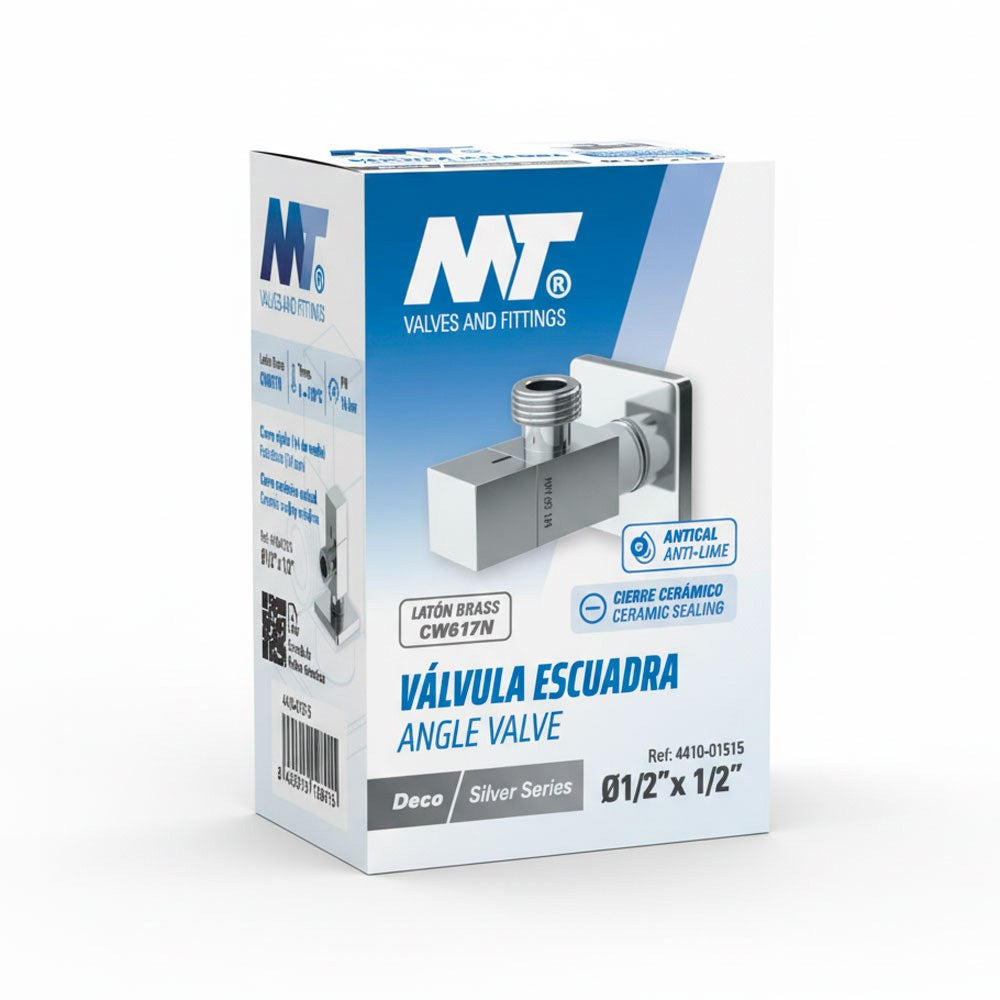 Válvula escuadra modelo deco con mando cuadrado, silver, ½ x 3/8 pulg