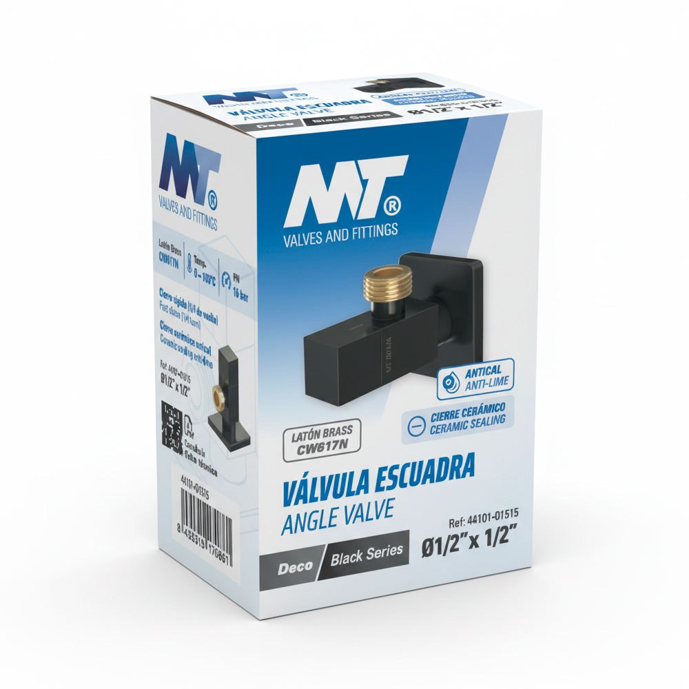 Válvula escuadra modelo deco con mando cuadrado, negro, ½ x 3/8 pulg