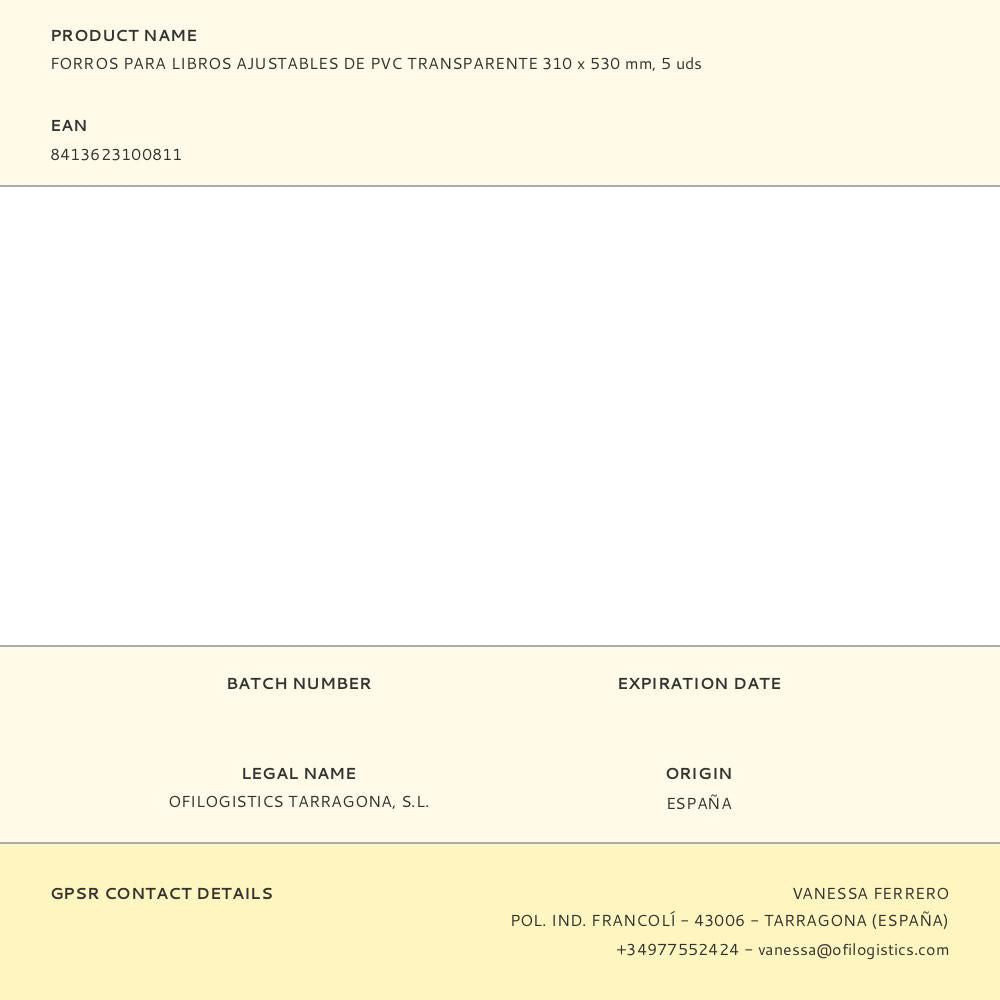 Forros para libros ajustables de pvc transparente 310 x 530 mm, 5 uds