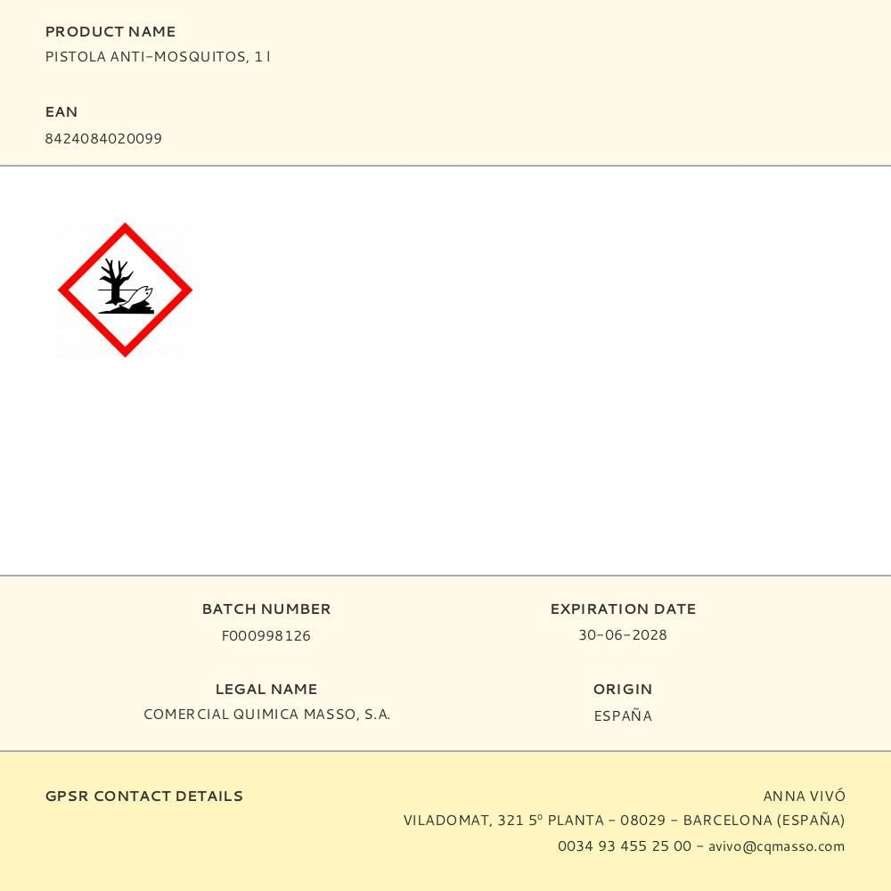 Insecticida mosquitos, pistola pulverizadora, 1 l