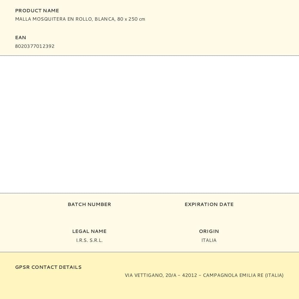 Rollo de mosquitera, blanca, 80 x 250 cm