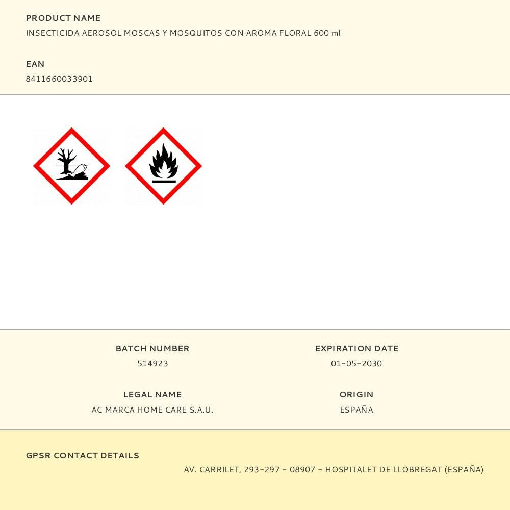 Insecticida moscas y mosquitos con aroma floral 600 ml