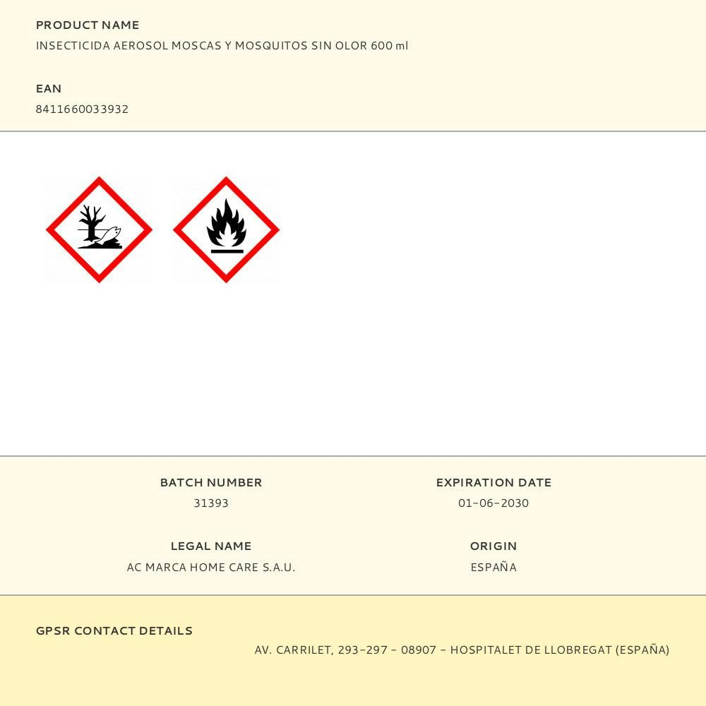 Insecticida moscas y mosquitos sin olor 600 ml
