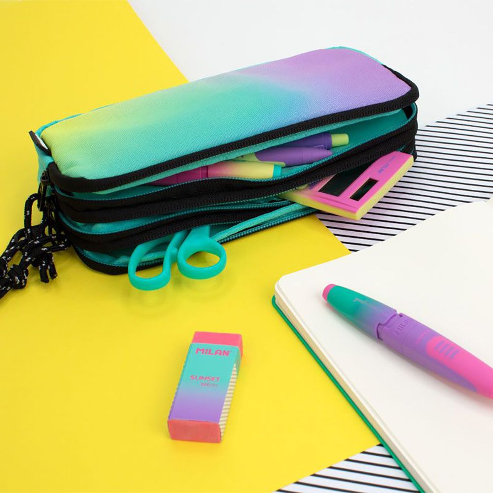 Estuche con 3 cremalleras sunset verde-lila