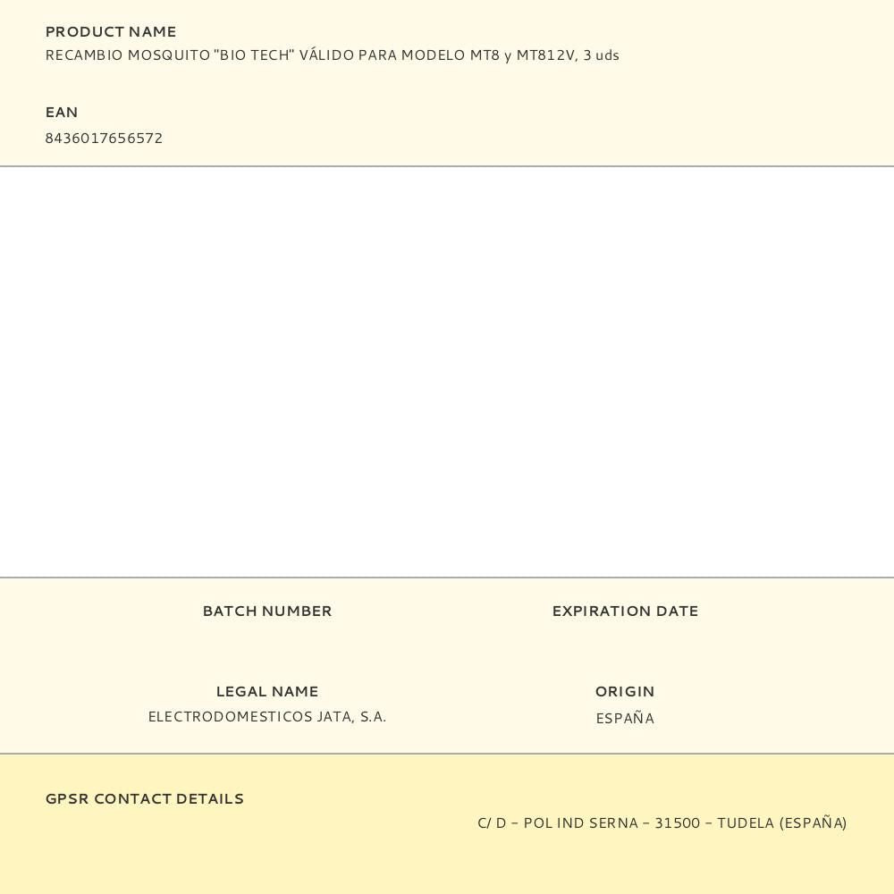 Recambio mosquito "bio tech" válido para modelo mt8 y mt812v, 3 uds