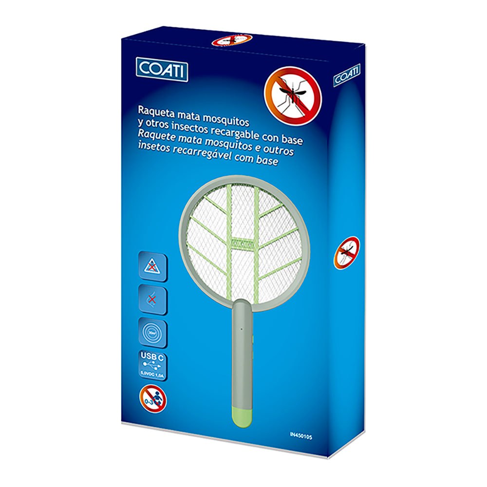 Raqueta mata mosquitos 30 m², recargable, con base, 23 x 3 x 43,3 cm