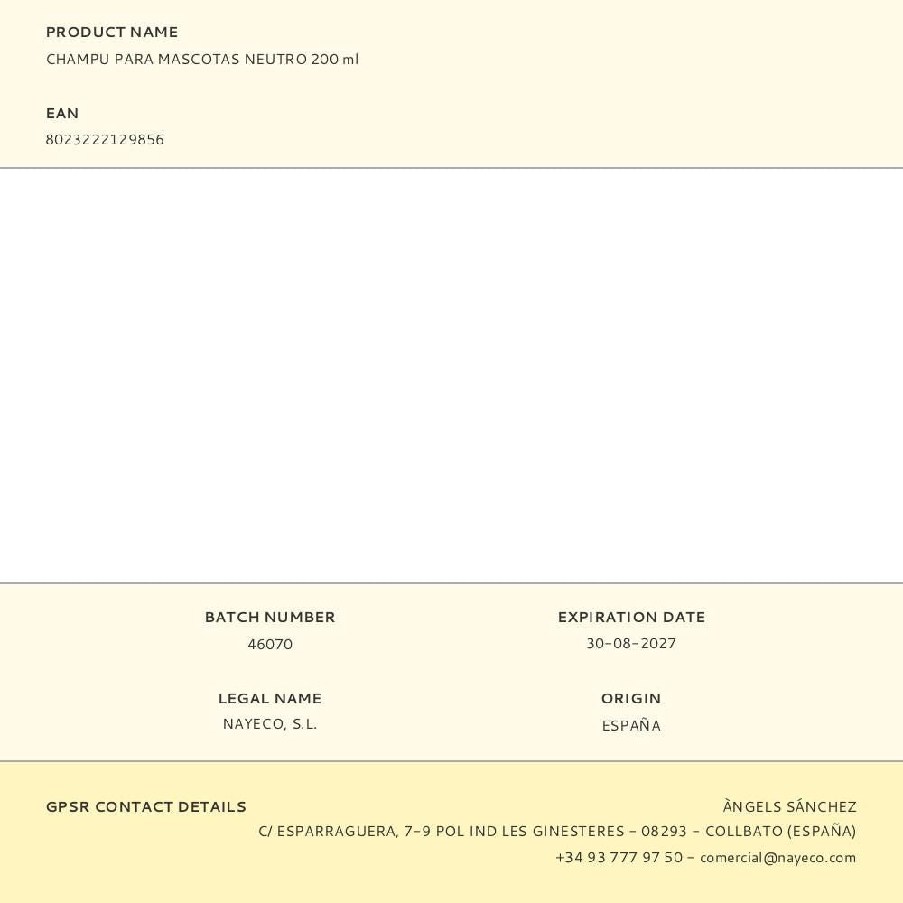 Champú para mascotas neutro, 200 ml