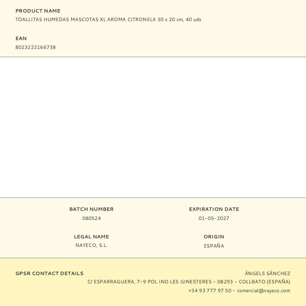 Toallitas húmedas mascotas xl 30 x 20 cm, 40 uds, aroma citronela