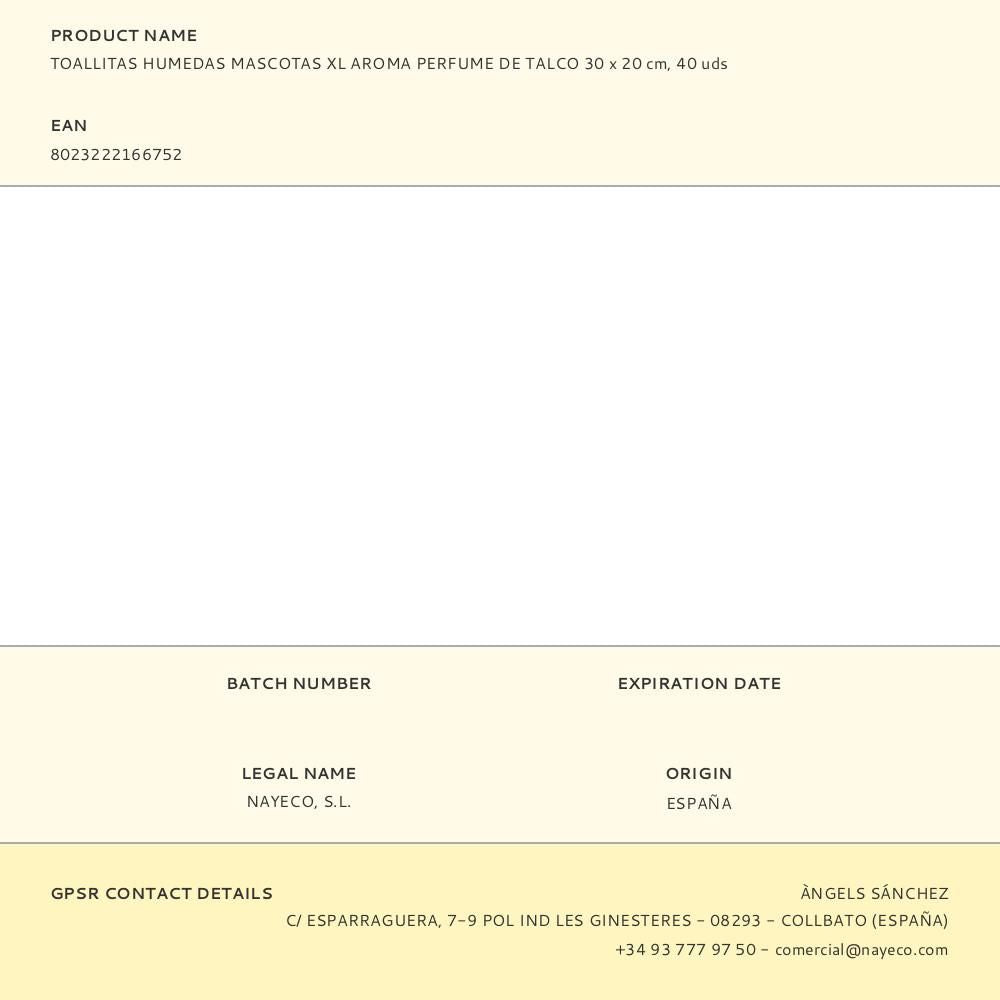 Toallitas húmedas mascotas xl 30 x 20 cm, 40 uds, aroma perfume de talco