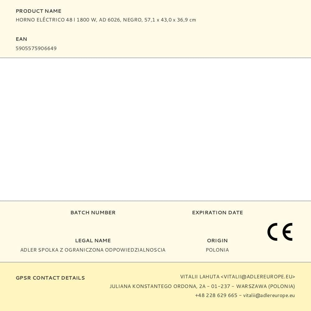 Horno eléctrico ad 6026 1800 w 48 l