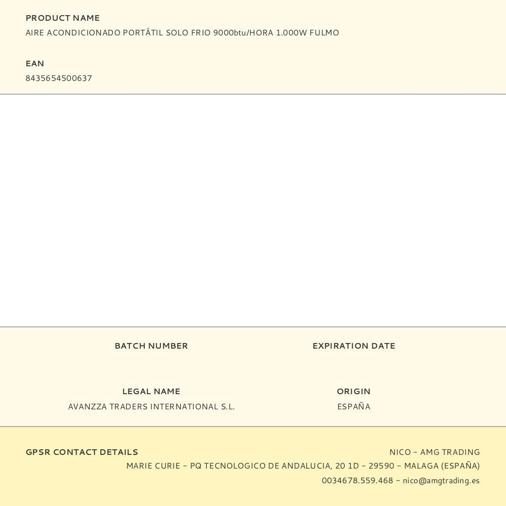 Aire acondicionado portátil solo frio 9000btu/hora 1.000w fulmo