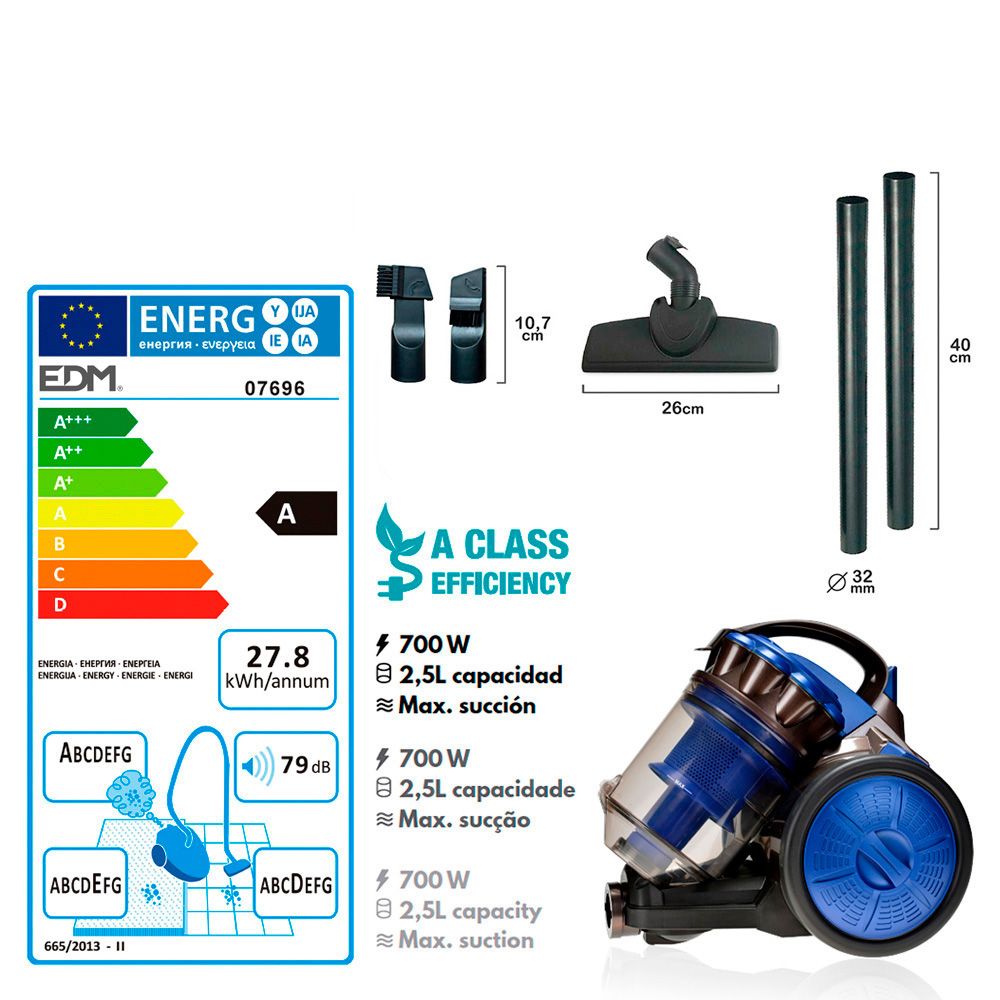 Aspiradora sin bolsa multiciclonico clase "a" 700 w 2,5 l